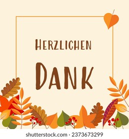 Herzlichen Dank - text in German language - Thank you. Autumnal thank you card with colorful leaves and berries.