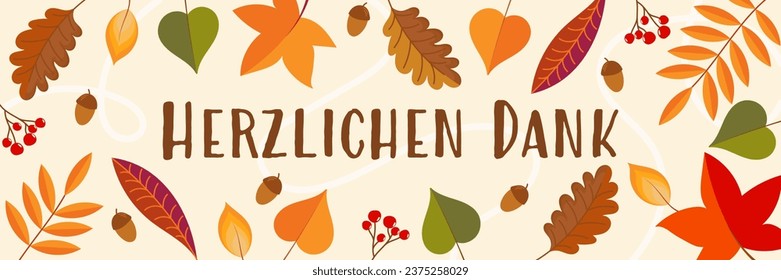 Herzlichen Dank - text in German language - Thank you. Autumnal thank you card with leaves, acorns and berries.