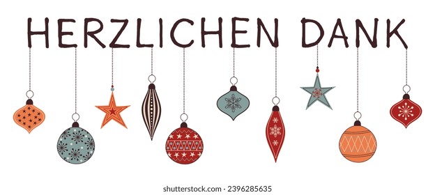 Herzlichen Dank - text in German language - Thank you. Thank you card with colorful Christmas balls.