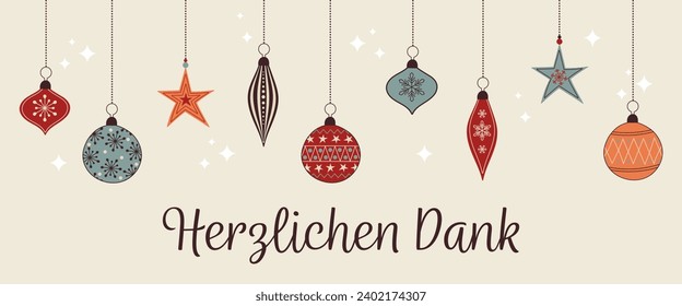 Herzlichen Dank - text in German language - Thank you. Thank you card with colorful Christmas baubles.