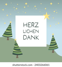 Herzlichen Dank - text in German language - Thank you very much. Square thank you card with Christmas trees and starry sky.