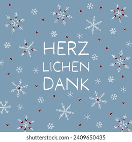 Herzlichen Dank - text in German language - Thank you very much. Square thank you  card with snow crystals and hearts on a sky blue background.