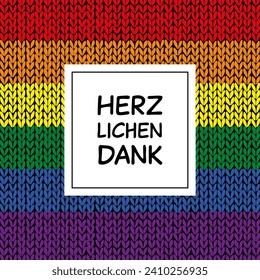 Herzlichen Dank - text in German language - Thank you very much. Square thank you card with striped knitted background in rainbow colors.