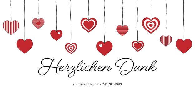 Herzlichen Dank - text in German language - Thank you very much. Thank you card with hanging hearts.