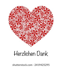 Herzlichen Dank - text in German language - Thank you very much. Thank you card with a heart made of red flowers.