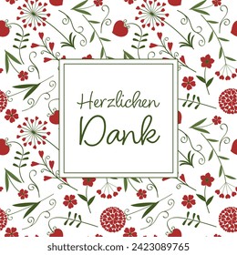 Herzlichen Dank - text in German language - Thank you very much. Square thank you card with a seamless pattern with heart flowers.