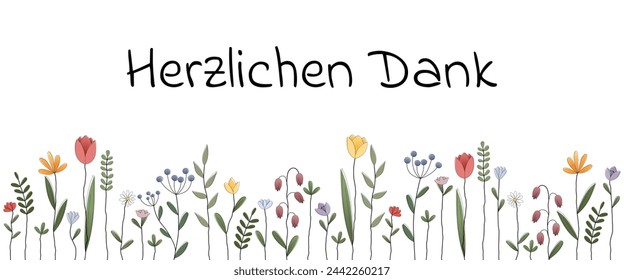 Herzlichen Dank - text in German language - Thank you very much. Thank you card with colorful Spring flowers.