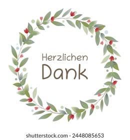 Herzlichen Dank - text in German language - Thank you very much. Thank you card with a wreath of leaves with red hearts and flowers.