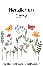 Herzlichen Dank - text in German language - Thank you very much. Cheerful thank you card with colorful flowers and butterflies.