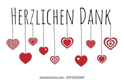 Herzlichen Dank - text in German language - Thank you very much. Greeting card with hanging hearts.