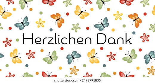 Herzlichen Dank - Text in deutscher Sprache - Vielen Dank. Fröhliche Karte mit bunten Schmetterlingen, Blumen und Punkten.