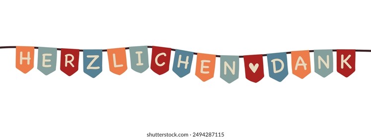 Herzlichen Dank - text in German language - Thank you very much. Banner with a colorful pennant chain.