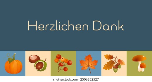 Herzlichen Dank - Text in deutscher Sprache - Vielen Dank. Herbstkarte mit Ahornblatt, Kürbis, Beeren, Kastanien, Eicheln und Pilzen.