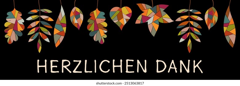 Herzlichen Dank - text in German language - Thank you very much. Banner with colorful leaves on a black background.