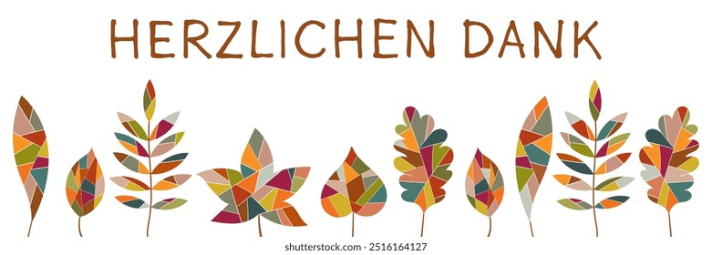 Herzlichen Dank - text in German language - Thank you very much. Banner with colorful leaves.