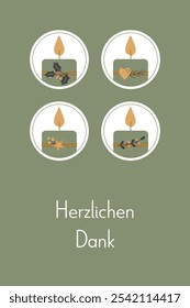 Herzlichen Dank - text in German language - Thank you very much. Greeting card with four decorated candles in green, gold and anthracite.