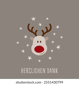 Herzlichen Dank - text in German language - Thank you very much. Square greeting card with a cute reindeer with a red nose.