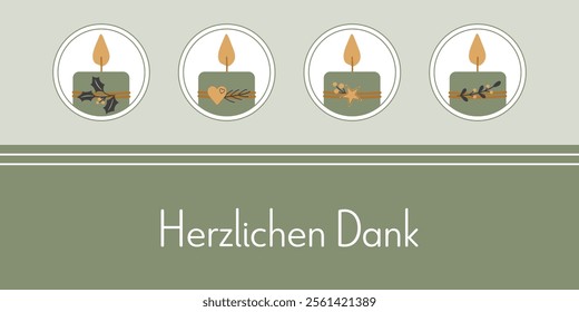 Herzlichen Dank - text in German language - Thank you very much. Thank you card with four decorated candles in green, gold and anthracite.