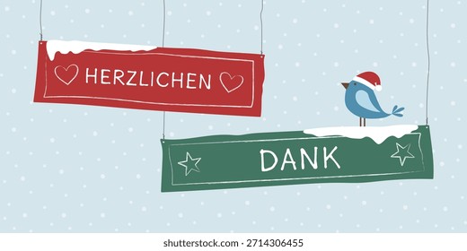 Herzlichen Dank - text in German language -Thank you very much. Thank you card with lettered signs and a bird wearing a Santa hat.