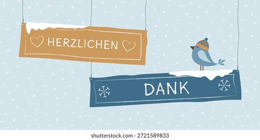 Herzlichen Dank - text in German language - Thank you very much. Winter greeting card with labeled signs and a bird wearing a bobble hat in front of a snow background.