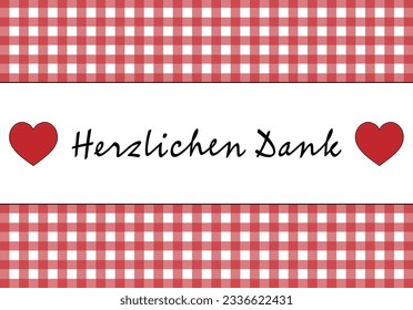 Herzlichen Dank.German thank you phrase. Thank you card with hearts and red and white checkered background.