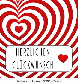 Herzlichen Glückwunsch - German text - Congratulations. Card with red and white hearts.