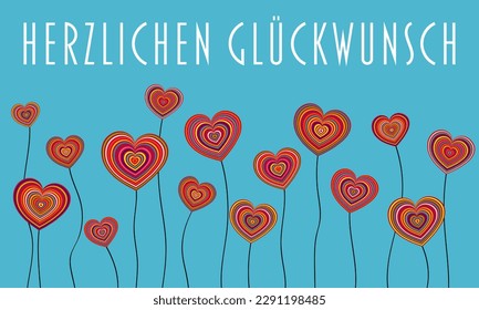 Herzlichen Glückwunsch - German text - Congratulations. Greeting card with beautiful heart flowers.