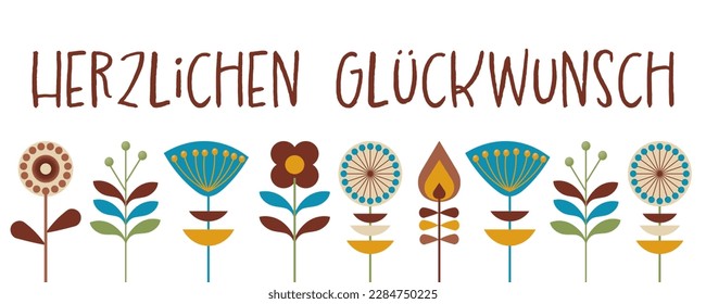 Herzlichen Glückwunsch - German text - Happy Birthday. Greeting card with flowers in retro design.