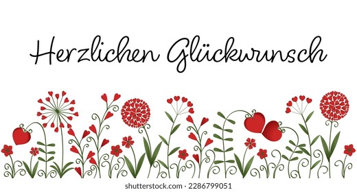 Herzlichen Glückwunsch - German text - Happy Birthday. Greeting card with flowers made of red hearts.