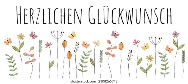 Herzlichen Glückwunsch - Text in German language - Congratulations. Greeting banner with lovingly drawn flowers and butterflies.