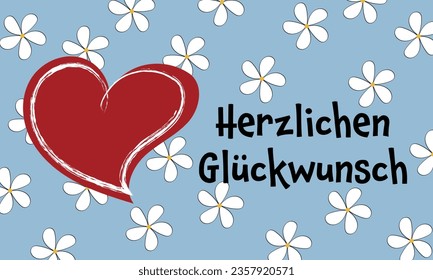 Herzlichen Glückwunsch - text in German language - Congratulations. Greeting card with a heart on a sky blue background with white blossoms.