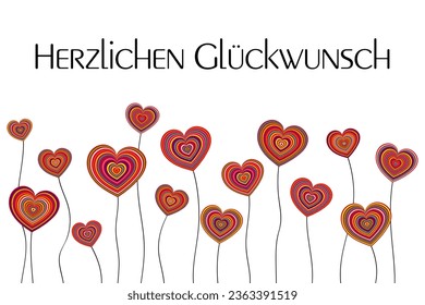  Herzlichen Glückwunsch - text in German language - Congratulations. Greeting card with colorful heart flowers.