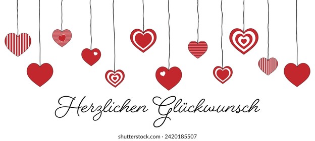 Herzlichen Glückwunsch - text in German language - Congratulations. Greeting card with hanging hearts.