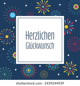 Herzlichen Glückwunsch - text in German language - Congratulations. Square greeting card with colorful fireworks on a blue background.