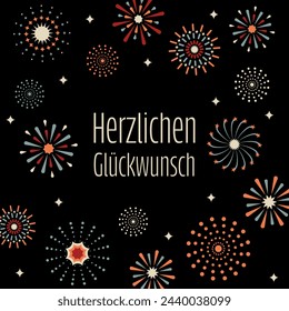 Herzlichen Glückwunsch - text in German language - Congratulations. Square greeting card with colorful fireworks.