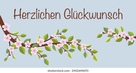 Herzlichen Glückwunsch - text in German language - Congratulations. Greeting card with cherry blossom branches.