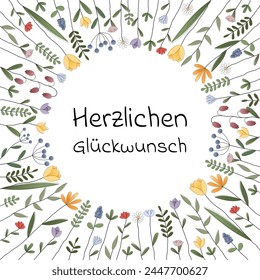 Herzlichen Glückwunsch - text in German language - Congratulations. Square greeting card with a frame of colorful flowers.