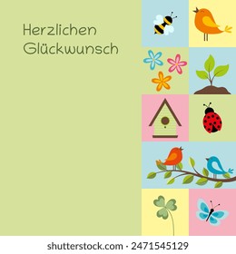 Herzlichen Glückwunsch - text in German language - Congratulations. Square card with spring symbols in pastel colors.