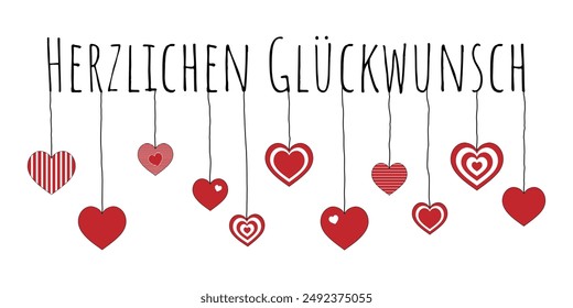 Herzlichen Glückwunsch - Text in deutscher Sprache - Herzlichen Glückwunsch. Karte mit hängenden Herzen.