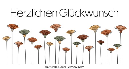 Herzlichen Glückwunsch - text in German language - Congratulations. Banner with a modern illustration of flowers in Autumn colors.