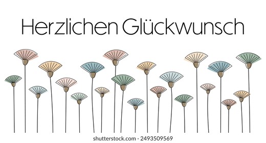 Herzlichen Glückwunsch - text in German language - Congratulations. Banner with a modern illustration of abstract flowers in pastel colors.