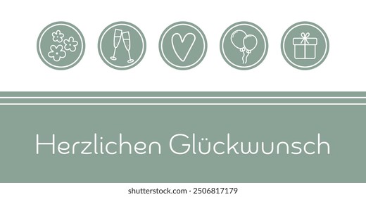 Herzlichen Glückwunsch - text in German language - Congratulations. Card in sage green and white with a heart, flowers, champagne glasses, balloons and a gift.