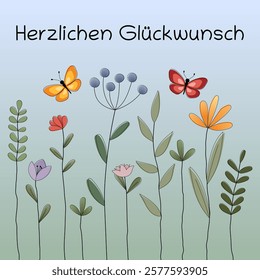 Herzlichen Glückwunsch - text in German language - Congratulations. Square greeting card with butterflies and a flower meadow.