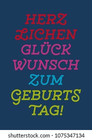 Herzlichen Glückwunsch zum Geburtstag! Happy Birthday in German. Typographic and decorative Postcard in DIN A6.