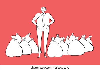 He's got a lot of money, but he's still unhappy. Can you be happy with money? Vector illustration. White and black outlines and colored background.