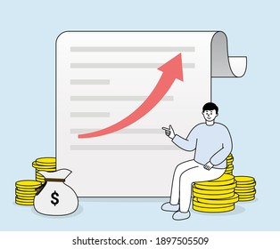 He's got a lot of stocks and a lot of money illustration set. graph, gold, luck, cash. Vector drawing. Hand drawn style.