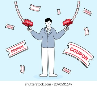 He's Shooting Coupons With Guns In Both Hands Illustration Set. Paper, Money Bundles, Bills, Receipts, People. Vector Drawing. Hand Drawn Style.