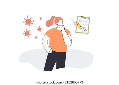 Hesitant Woman In Doubt About Need For Vaccination. Tiny Girl With Coronavirus Cells And Vaccine Syringe Flat Vector Illustration. Reluctance Concept For Banner, Website Design Or Landing Web Page