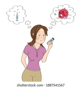 Hesitant young woman holding COVID 19 vaccine, deciding whether to get shot or not. She is dreaming about the needle and dead coronavirus - original hand drawn illustration.