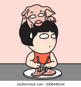 Hesitate Girl is eating Grilled Pork Steaks With A Funny Pig Resting On Her Head. Mercy For Animals. It's Never To Late To Stop Eating Animals Concept Card Character illustration